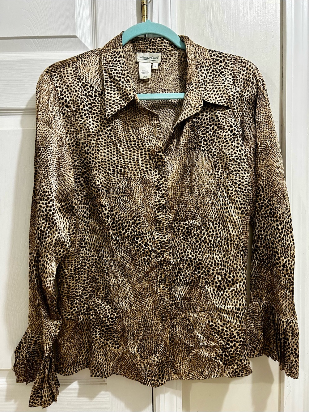 Coldwater Creek Leopard Animal Print Button-Front Shirt - 100% Silk Size Large